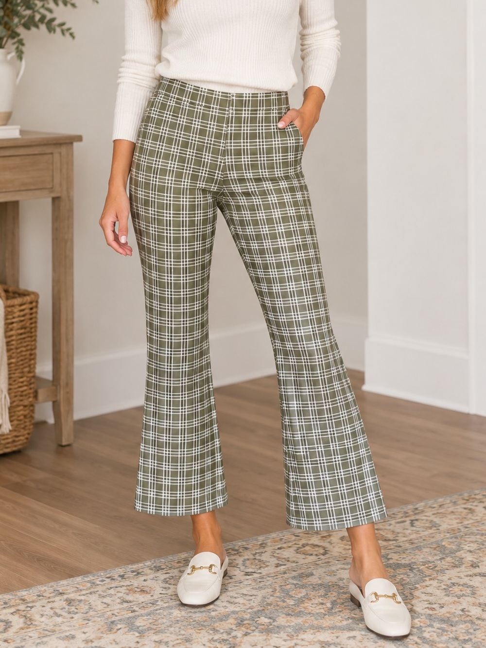 Altar'd State Green White Plaid Cropped Flare Pants Small Retro Boho